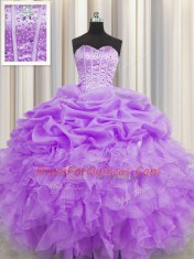 Visible Boning Sleeveless Beading and Ruffles and Pick Ups Lace Up Quinceanera Dresses
