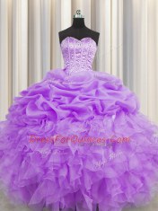 Visible Boning Sleeveless Beading and Ruffles and Pick Ups Lace Up Quinceanera Dresses