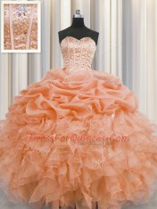 Visible Boning Orange Organza Lace Up Sweetheart Sleeveless Floor Length 15th Birthday Dress Beading and Ruffles and Pick Ups