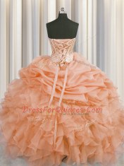 Visible Boning Orange Organza Lace Up Sweetheart Sleeveless Floor Length 15th Birthday Dress Beading and Ruffles and Pick Ups