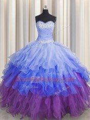 Multi-color Zipper Sweetheart Beading and Ruffles and Ruffled Layers and Sequins Quinceanera Dresses Organza Sleeveless