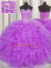 Customized Visible Boning Purple Organza Lace Up Sweetheart Sleeveless Floor Length Ball Gown Prom Dress Beading and Ruffles and Sashes ribbons
