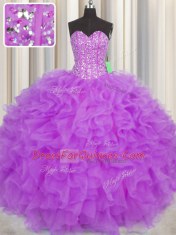 Customized Visible Boning Purple Organza Lace Up Sweetheart Sleeveless Floor Length Ball Gown Prom Dress Beading and Ruffles and Sashes ribbons