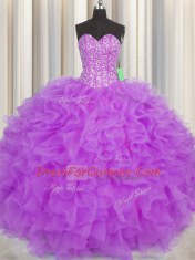Customized Visible Boning Purple Organza Lace Up Sweetheart Sleeveless Floor Length Ball Gown Prom Dress Beading and Ruffles and Sashes ribbons