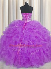 Customized Visible Boning Purple Organza Lace Up Sweetheart Sleeveless Floor Length Ball Gown Prom Dress Beading and Ruffles and Sashes ribbons