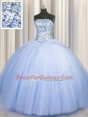 Amazing Big Puffy Blue Ball Gowns Strapless Sleeveless Tulle Floor Length Lace Up Beading and Sequins Ball Gown Prom Dress