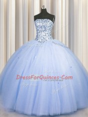 Amazing Big Puffy Blue Ball Gowns Strapless Sleeveless Tulle Floor Length Lace Up Beading and Sequins Ball Gown Prom Dress