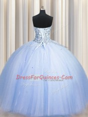 Amazing Big Puffy Blue Ball Gowns Strapless Sleeveless Tulle Floor Length Lace Up Beading and Sequins Ball Gown Prom Dress