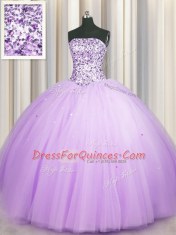 Amazing Sequins Really Puffy Floor Length Ball Gowns Sleeveless Lavender 15 Quinceanera Dress Lace Up