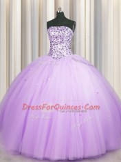 Amazing Sequins Really Puffy Floor Length Ball Gowns Sleeveless Lavender 15 Quinceanera Dress Lace Up