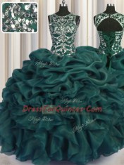 Perfect See Through Floor Length Teal Ball Gown Prom Dress Scoop Sleeveless Lace Up