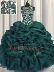 Perfect See Through Floor Length Teal Ball Gown Prom Dress Scoop Sleeveless Lace Up