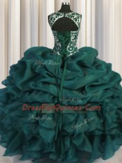Perfect See Through Floor Length Teal Ball Gown Prom Dress Scoop Sleeveless Lace Up