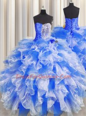Custom Designed Sleeveless Floor Length Beading and Ruffles and Ruching Lace Up Quinceanera Dress with Blue And White