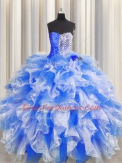 Custom Designed Sleeveless Floor Length Beading and Ruffles and Ruching Lace Up Quinceanera Dress with Blue And White