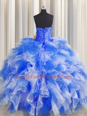 Custom Designed Sleeveless Floor Length Beading and Ruffles and Ruching Lace Up Quinceanera Dress with Blue And White