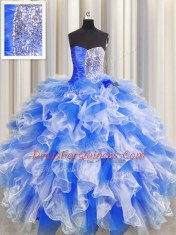 Custom Designed Sleeveless Floor Length Beading and Ruffles and Ruching Lace Up Quinceanera Dress with Blue And White