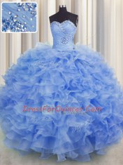 Charming Organza Sleeveless Floor Length 15th Birthday Dress and Beading and Ruffles