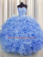 Charming Organza Sleeveless Floor Length 15th Birthday Dress and Beading and Ruffles