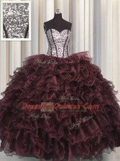 Sequins Visible Boning Floor Length Brown Sweet 16 Dress Sweetheart Sleeveless Lace Up