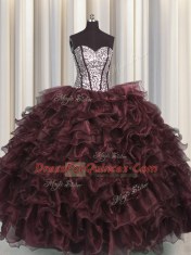 Sequins Visible Boning Floor Length Brown Sweet 16 Dress Sweetheart Sleeveless Lace Up