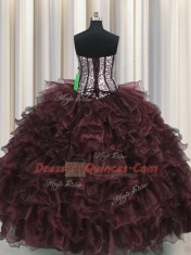 Sequins Visible Boning Floor Length Brown Sweet 16 Dress Sweetheart Sleeveless Lace Up