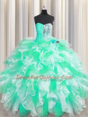 Floor Length Lace Up Quinceanera Dresses Apple Green for Military Ball and Sweet 16 and Quinceanera with Beading and Ruffles
