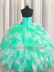 Floor Length Lace Up Quinceanera Dresses Apple Green for Military Ball and Sweet 16 and Quinceanera with Beading and Ruffles