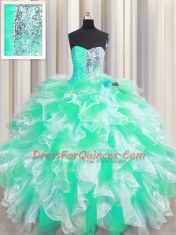 Floor Length Lace Up Quinceanera Dresses Apple Green for Military Ball and Sweet 16 and Quinceanera with Beading and Ruffles
