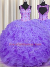 V Neck Lavender Ball Gowns Beading and Appliques and Ruffles Quince Ball Gowns Backless Organza Sleeveless Floor Length
