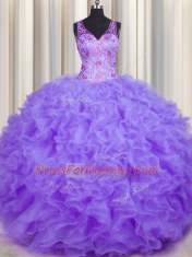 V Neck Lavender Ball Gowns Beading and Appliques and Ruffles Quince Ball Gowns Backless Organza Sleeveless Floor Length