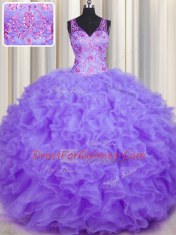V Neck Lavender Ball Gowns Beading and Appliques and Ruffles Quince Ball Gowns Backless Organza Sleeveless Floor Length
