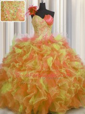 Extravagant One Shoulder Handcrafted Flower Multi-color Ball Gowns Beading and Ruffles and Hand Made Flower Sweet 16 Quinceanera Dress Lace Up Tulle Sleeveless Floor Length