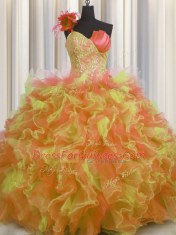 Extravagant One Shoulder Handcrafted Flower Multi-color Ball Gowns Beading and Ruffles and Hand Made Flower Sweet 16 Quinceanera Dress Lace Up Tulle Sleeveless Floor Length