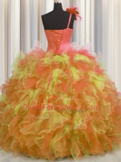 Extravagant One Shoulder Handcrafted Flower Multi-color Ball Gowns Beading and Ruffles and Hand Made Flower Sweet 16 Quinceanera Dress Lace Up Tulle Sleeveless Floor Length