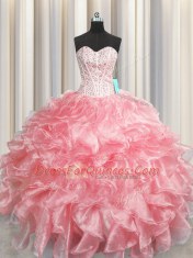Noble Visible Boning Zipper Up Sweetheart Sleeveless Zipper Ball Gown Prom Dress Baby Pink Organza