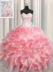 Noble Visible Boning Zipper Up Sweetheart Sleeveless Zipper Ball Gown Prom Dress Baby Pink Organza