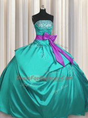 Strapless Sleeveless Quince Ball Gowns Floor Length Beading and Ruching and Bowknot Turquoise Taffeta
