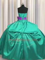 Strapless Sleeveless Quince Ball Gowns Floor Length Beading and Ruching and Bowknot Turquoise Taffeta