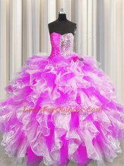 Sweetheart Sleeveless Quinceanera Gown Floor Length Beading and Ruffles and Ruching Multi-color Organza