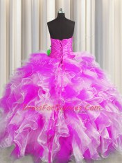 Sweetheart Sleeveless Quinceanera Gown Floor Length Beading and Ruffles and Ruching Multi-color Organza