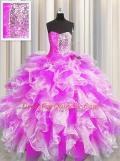Sweetheart Sleeveless Quinceanera Gown Floor Length Beading and Ruffles and Ruching Multi-color Organza