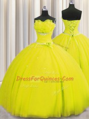 Handcrafted Flower Yellow Sleeveless Floor Length Beading and Sequins and Hand Made Flower Lace Up 15 Quinceanera Dress