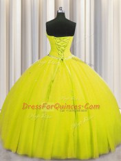 Handcrafted Flower Yellow Sleeveless Floor Length Beading and Sequins and Hand Made Flower Lace Up 15 Quinceanera Dress