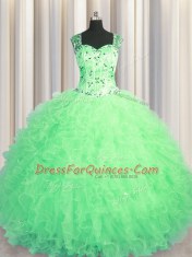 Custom Fit See Through Zipper Up Apple Green Straps Neckline Beading and Ruffles 15th Birthday Dress Sleeveless Zipper