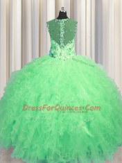 Custom Fit See Through Zipper Up Apple Green Straps Neckline Beading and Ruffles 15th Birthday Dress Sleeveless Zipper
