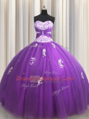 Nice Purple Sleeveless Tulle Lace Up Vestidos de Quinceanera for Military Ball and Sweet 16 and Quinceanera