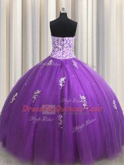 Nice Purple Sleeveless Tulle Lace Up Vestidos de Quinceanera for Military Ball and Sweet 16 and Quinceanera