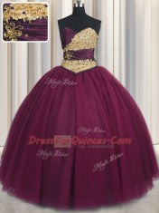 Burgundy Sleeveless Tulle Lace Up Quinceanera Gowns for Military Ball and Sweet 16 and Quinceanera