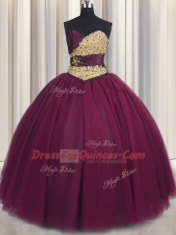 Burgundy Sleeveless Tulle Lace Up Quinceanera Gowns for Military Ball and Sweet 16 and Quinceanera